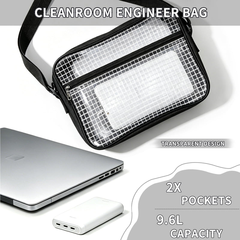 Anti-Static Cleanroom Engineer Bag（Fabric Shoulder Straps）- 15.7 Inch Transparent PVC Tool Bag for Work Travel and Daily Use Black 1