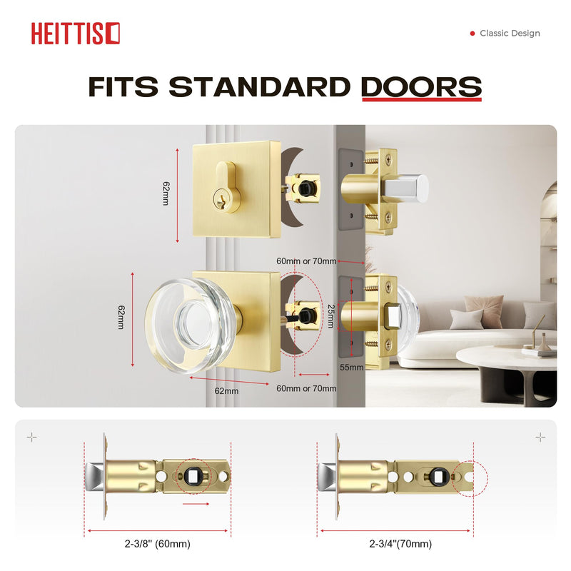 1 Pack Brass Combo Sets,Gold Crystal Door Knobs Interior,Modern Glass Door Knob with Single Cylinder Deadbolt,Satin Brass Finished 1 Pack Gold