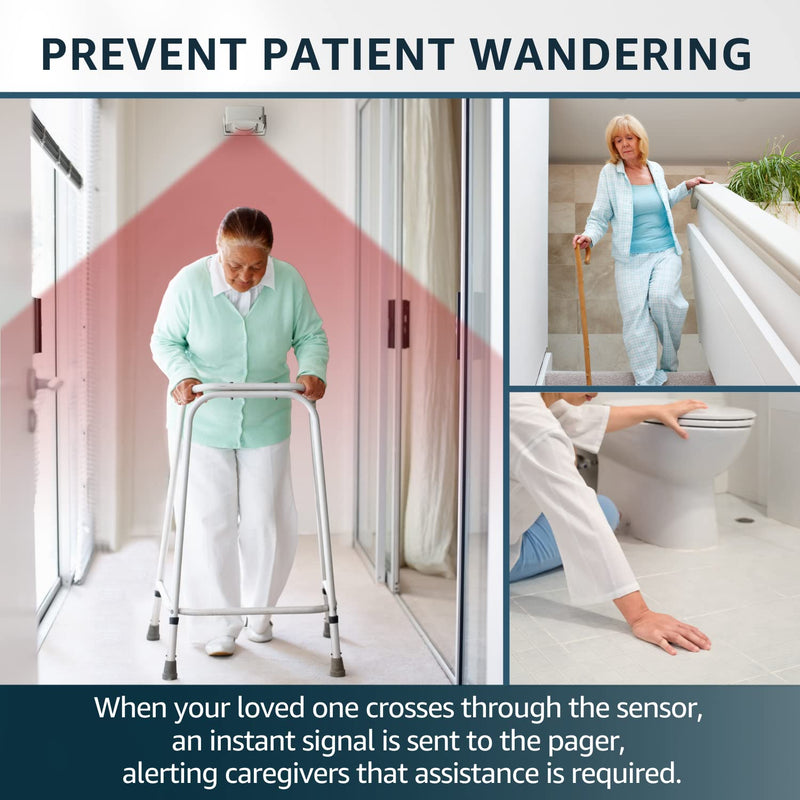 Bed Alarm Caregiver Pager with Wireless Motion Sensor Alarm Indoor Fall Prevention for Elderly Monitoring Seniors Dementia Patients Seniors Home Door Chime 1 Motion Sensor 1 Receiver