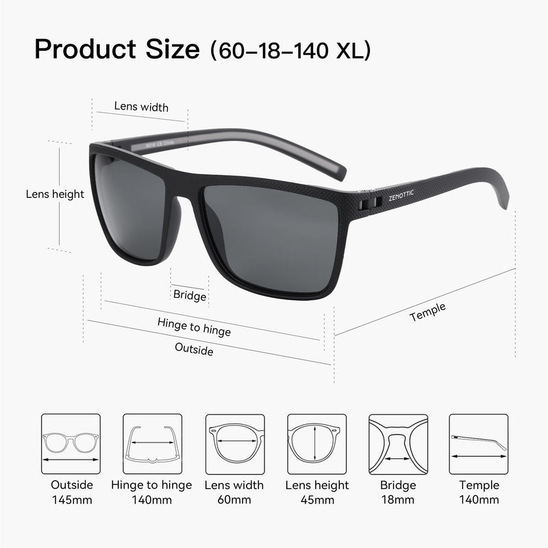 ZENOTTIC Polarized Sunglasses for Men Lightweight TR90 Frame UV400 Protection Square Sun Glasses C02 Black Frame / Black Polarized Lens