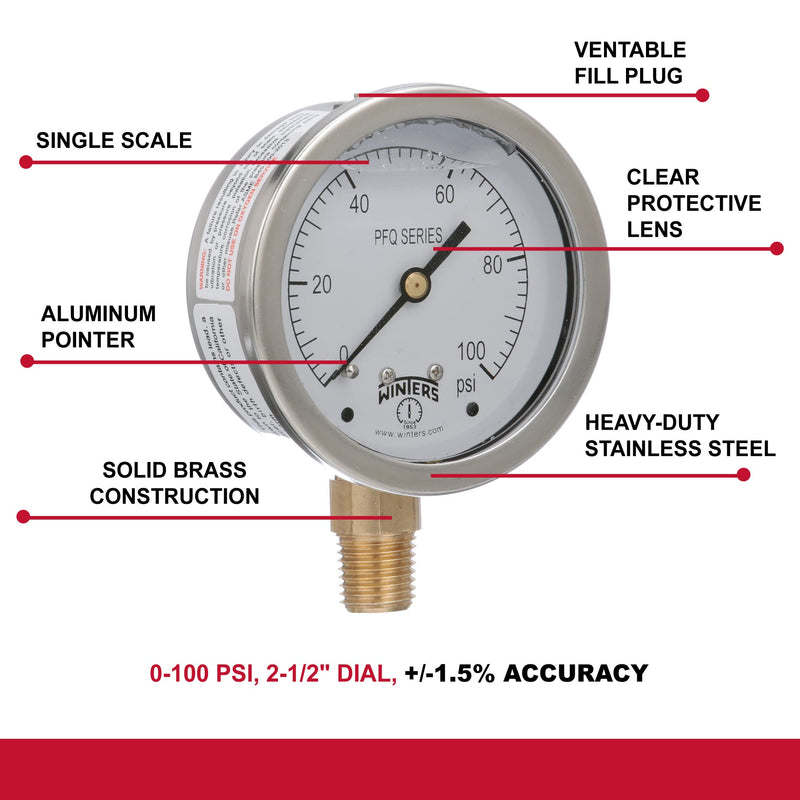 Winters 2-1/2" Dial Size, Liquid Filled Industrial Pressure Gauge, Brass Internals, 304 Stainless Steel Case, Single Scale 0-100 psi, 1.5% Acc, 1/4" NPT Bottom Mount, Glycerin Filled Pressure Gauge 0/100 PSI
