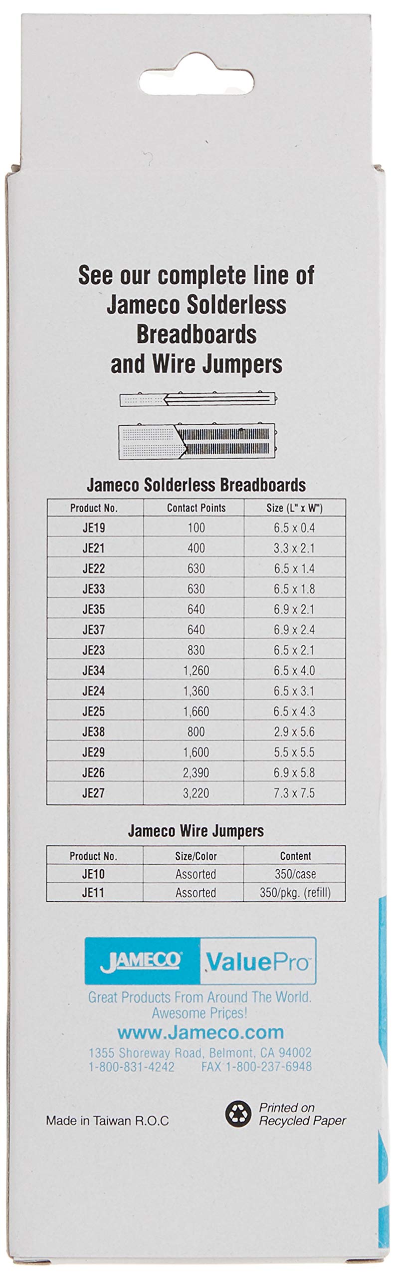 Jameco Valuepro 830-Point Solderless Breadboard, 6.5" x 2.125", 0.1" spread, Ideal for Prototyping and Classroom Projects - WBU-202-R