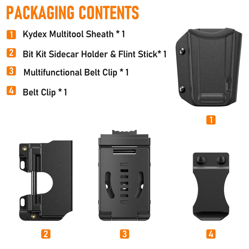 Kydex Multitool Sheath for Leatherman Surge, Bit Kit Holder and 2 Belt Clip | 1.5 mm rigid shell; adjustable retention; removable flint stick; horizontal and vertical carry