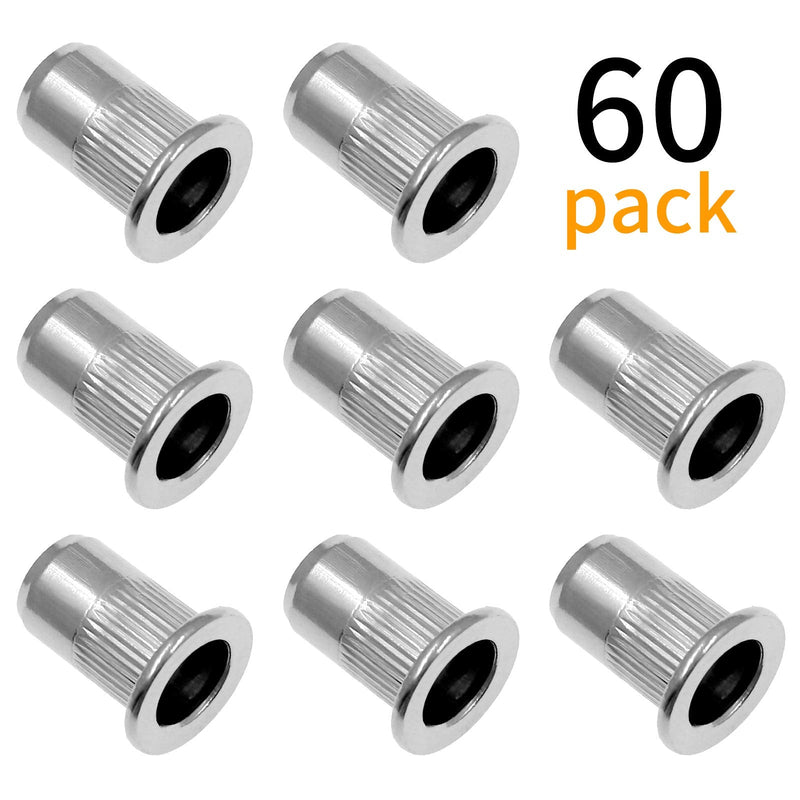 60Pcs M6 Rivet Nuts, Bonsicoky 304 Stainless Steel Flat Head Rivnut Threaded Insert Nutsert Knurled Blind Rivet Nut M6-60Pcs