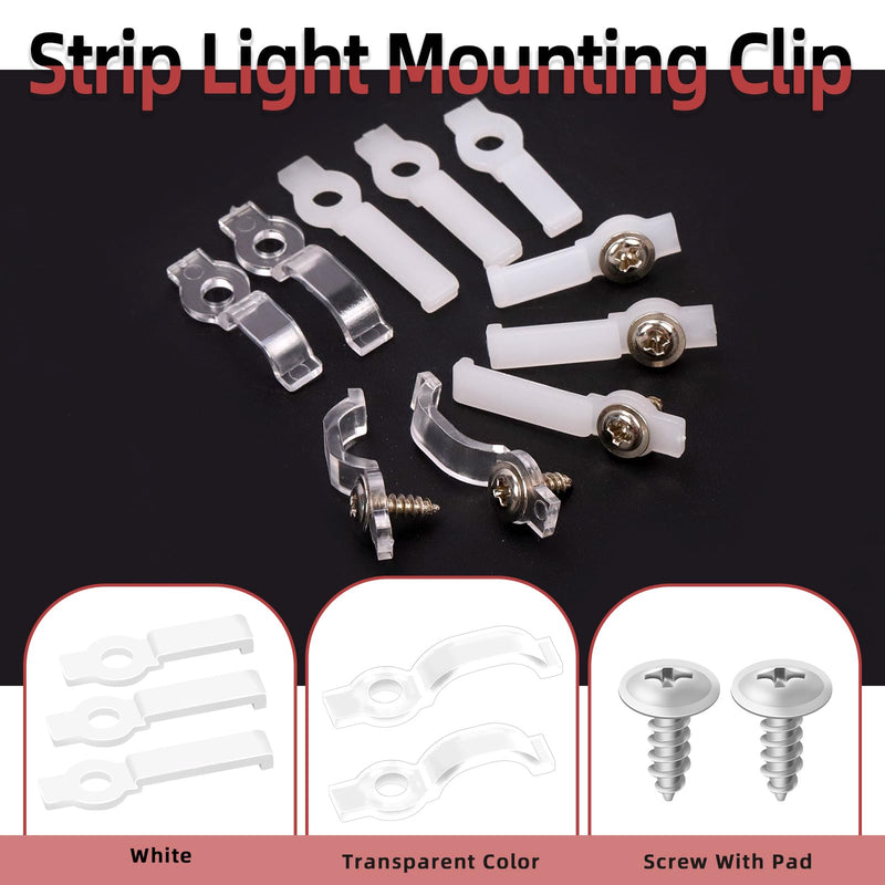 Hilitchi 400Pcs Strip Light Mounting Bracket Strip Light Holder Clip One-Side Fixing Clip with 200 Screws 8MM 10MM 12MM LED Strip Mounting Bracket for Waterproof Strip Lights (White Transparent Color)