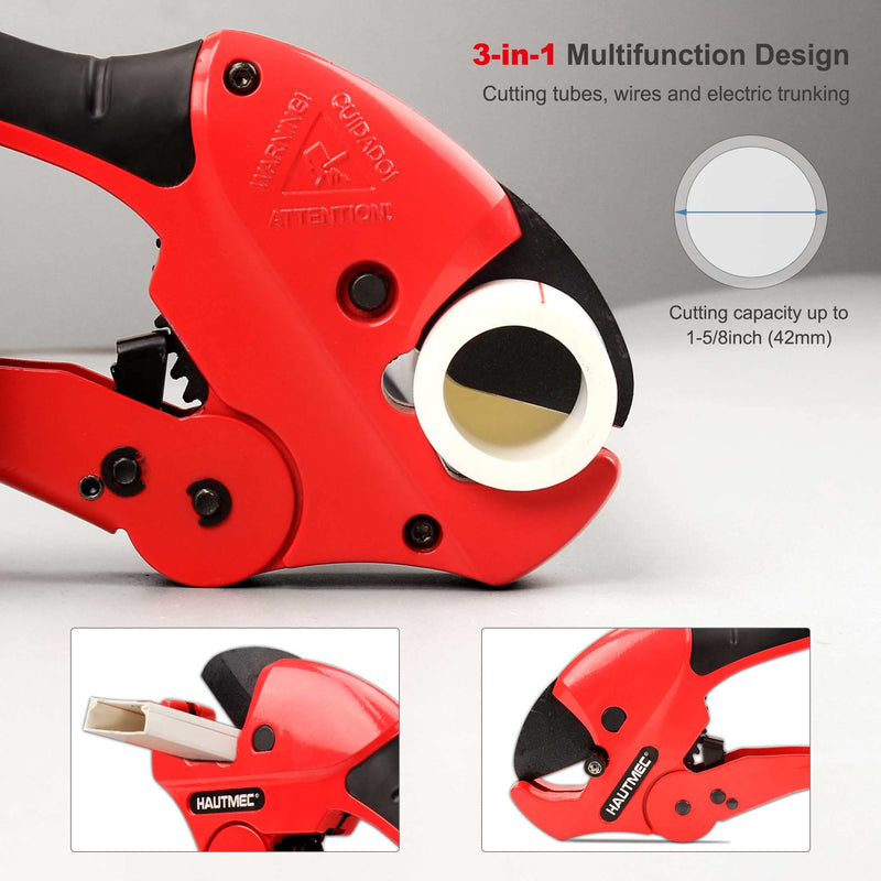 HAUTMEC PVC Pipe Cutter Tool Multifunction Ratchet-type Tube and PVC Cutters One-hand Fast Pipe Cutting Tool for Cutting Up to 1-5/8 inch 3-in-1 Tubes Wire and Trunking cutter HT0257-TC Multifunction Cutter