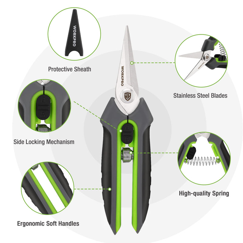 WORKPRO Garden Pruning Shears 2 Pack, 8" Bypass Pruning Shears and 6.25" Straight Garden Scissors, Premium Plant Shears, Garden Clippers Hand Tools for Cutting Flowers, Trimming Plants, Picking Fruits 2PCS Pruning Shears