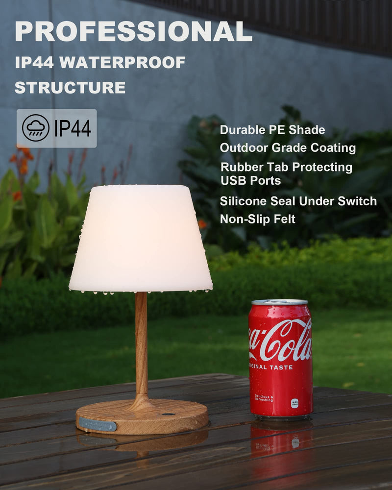 Outdoor Battery Operated Table Lamp Waterproof, 4000mAh Cordless Rechargeable, Touch Dimmable Desk Lamp, LED Night Light for Patio Camping Restaurant Home, H9.6in, Wood Grain 9.6in