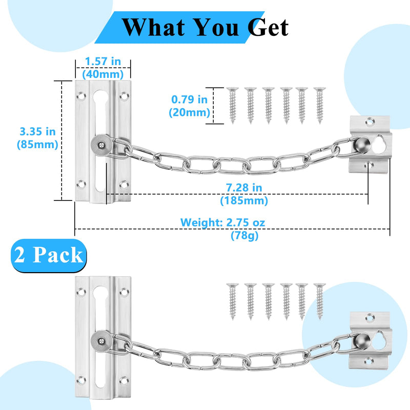 2 Pack Door Chain Lock, Premium Chain Door Lock, Thickened Door Lock Chain with 12 Screws, Stainless Steel Chain Locks for Inside Door Silver - 2 Pack