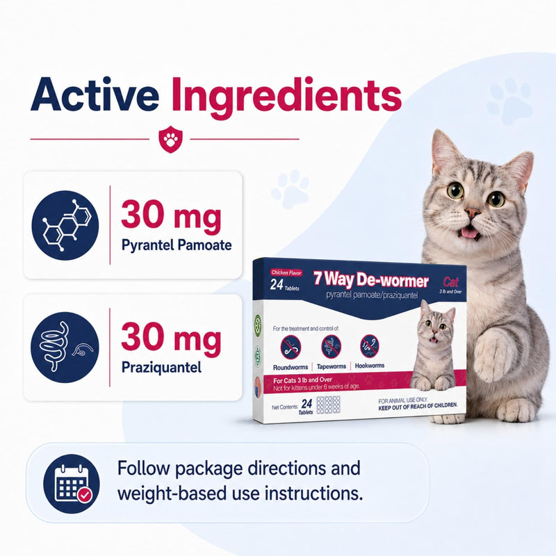 MEGEAR 7 Way De-Wormer for Cats, Chicken Flavored Tablets for Roundworms, Tapeworms & Hookworms, with Pyrantel Pamoate & Praziquantel, for Cats 3 lbs and Over, 24 Tablets