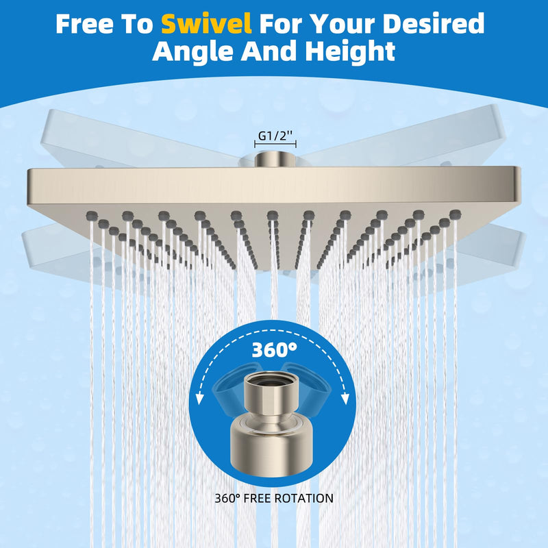 Hibbent cUCPC Certified Metal Shower Head, 8'' High Pressure Rainfall Shower Head, Bathroom Waterfall Shower Heads, High Flow Fixed Showerheads with Adjustable Brass Ball Joint, Brushed Nickel Square 8''