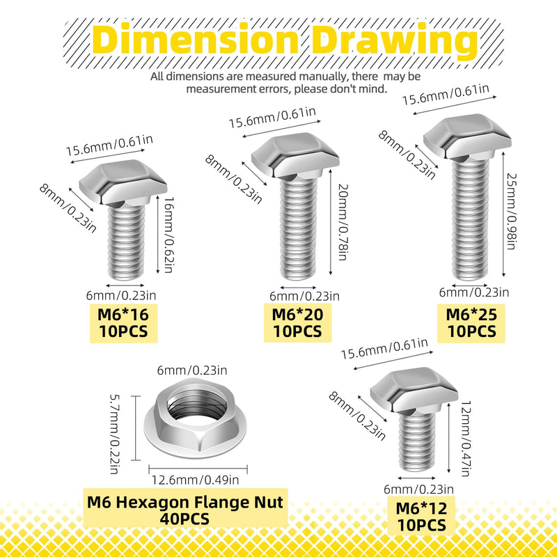 40 Sets M6 T Slot Drop-in Bolt, M6 x 12/16/ 20/ 25mm Hammer Head T-Slot Drop-in Stud Sliding Bolt Screw with Flange Nut for European Standard 30 Series Aluminum Profile