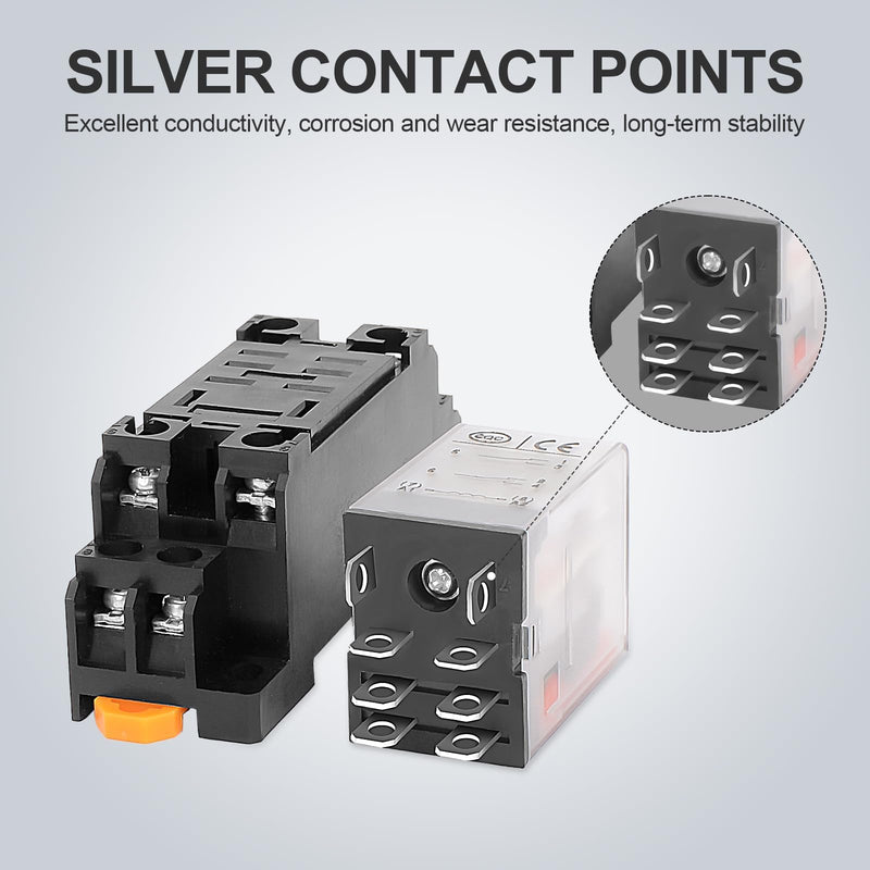 2 Pcs Electromagnetic Power Relays, Green Indicator Light, 8-Pin DPDT 10 A 24 VDC Relay with Plug-in Terminal Socket, DIN Rail Mounted, CQC, CE (EE-L2CLG) 8-Pin 24 VDC
