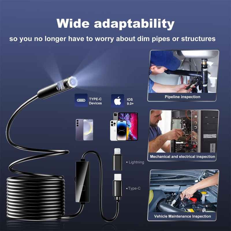 Dual Lens Industrial Endoscope, 1920p Borescope Camera with 8+1 Adjustable Led Light, Endoscope with 16.5ft Semi-Rigid Cable Snake Camera/ 7.9mm Ip67 Waterproof Camera for iPhone, Ipad, Samsung Black
