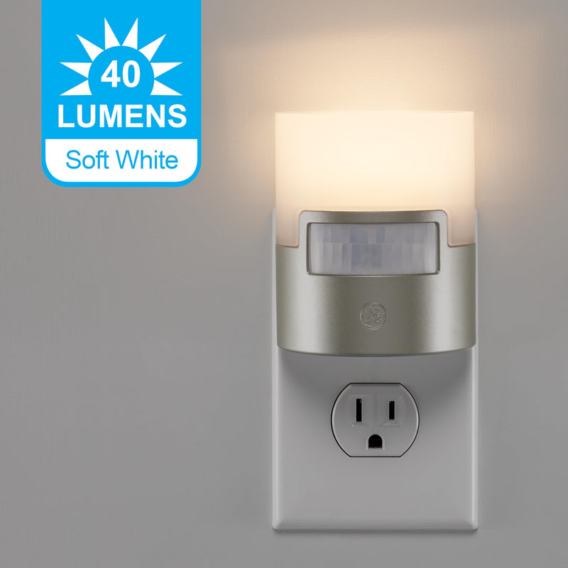 GE LED Motion Sensor Night Light, Plug into wall, 40 Lumens, Soft White, UL-Certified, Energy Efficient, Ideal Nightlight for Bedroom, Bathroom, Kitchen, Hallway, 46633, Silver, 2 Pack Silver 40 Lumens