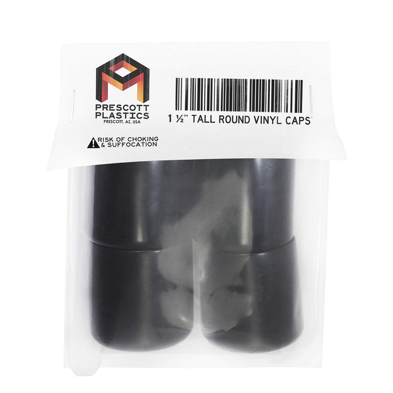 Made in USA Prescott Plastics 1.5" Inch Round Vinyl Plug Insert (4 Pack), Black Tall Rubber Flexible End Cap for Metal Tubing, Fence, Glide Insert for Pipe Post and Furniture 1.5" Tall 4 Pack