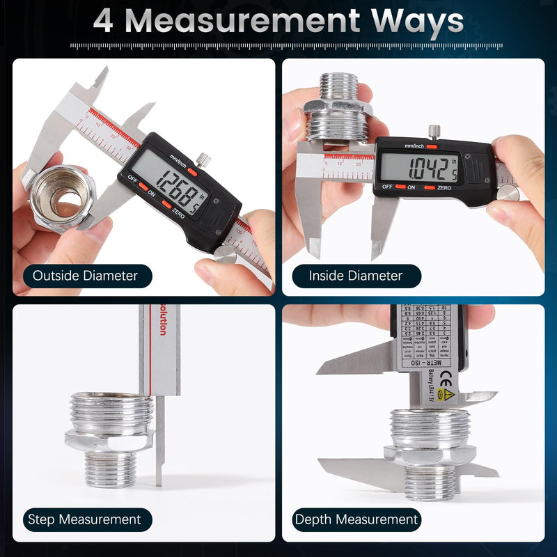 Digital Caliper 6 Inch, Caliper Measuring Tool with Large LCD Screen, Inch/MM, 4 Measuring Ways, Auto-Off LCD Stainless Steel Micrometer Vernier Caliper for Printing Jewelers Woodworkers Industry Industry-150mm
