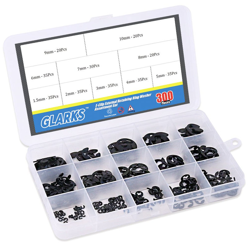 Glarks 300-Pieces 10 Size Black Alloy Steel E-Clip External Retaining Ring Washer Assortment Set