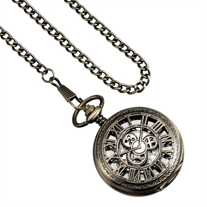 TREEWETO Skeleton Manual Winding Mechanical Double Case Roman Numerals Antique with Fob Chain Box Bronze - NewNest Australia