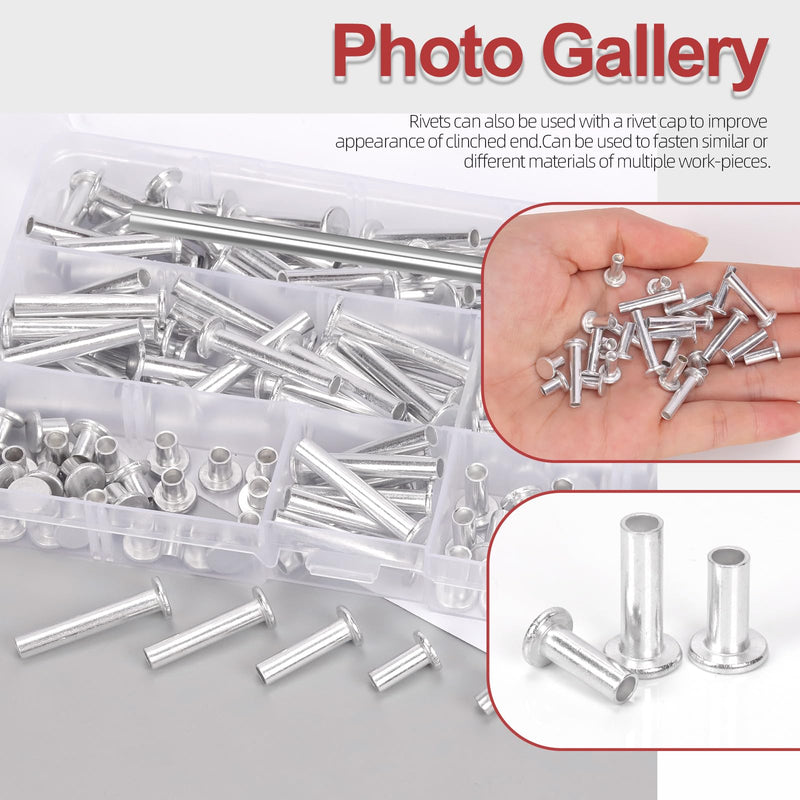 Hilitchi 251PCS M4 Aluminum Flat Head Semi-Tubular Rivets with Punch Assortment Kits Aluminum Round Flat Head Rivet Silver Round Semi Tubular Rivets for Craft Repairs Decoration
