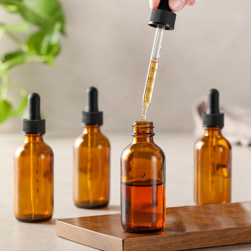 2 oz Dark Amber Glass Dropper Bottles with Measurement Dropper, 4 Pack- 60ml Thick Tincture Bottles with Measured Eye Dropper, Leakproof Essential Oils Bottles for Health, Personal Care & Beauty