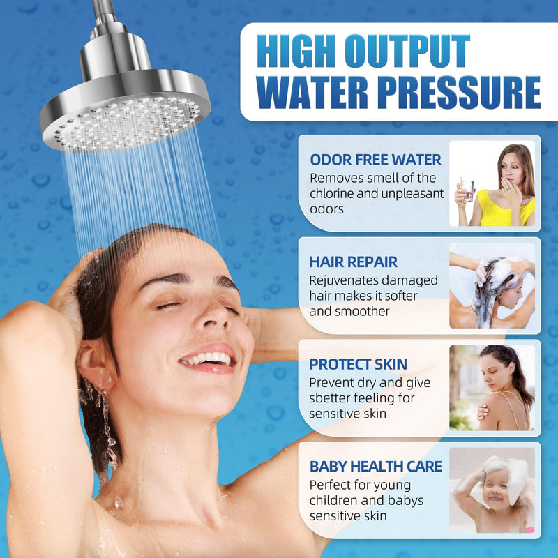 Filtered Shower Head High Pressure Shower Head with Filter for Hard Water Softener - Anti-Clogging Silicone Nozzles Bathroom Adjustable Replacement Rain Showerhead Improve Hair Chrome