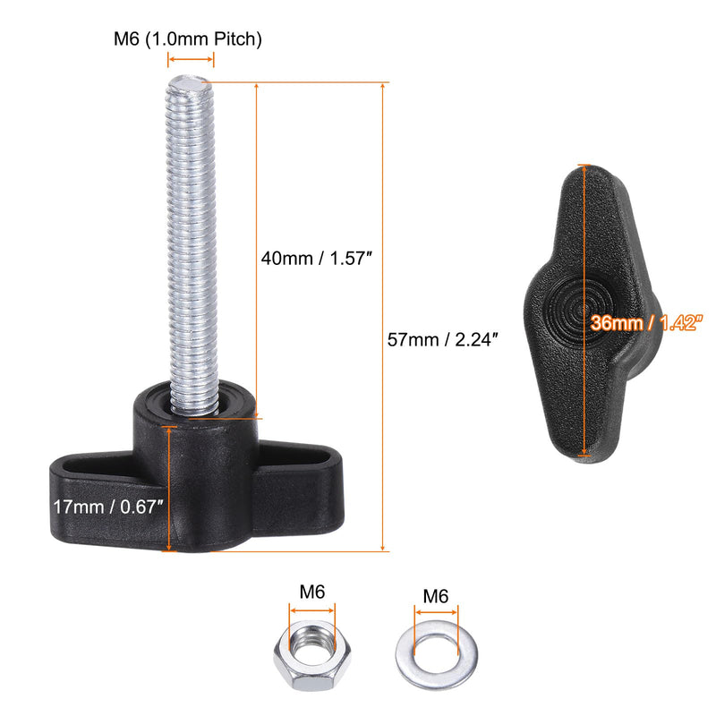 HARFINGTON 8pcs Tee Wing Knobs M6 x 40mm Metric Thread 36mm Z/T Head Plastic Handles Thumb Screws Hand Clamping Threaded Stud Knob Grip Thumbscrew with Nuts Washers, Black