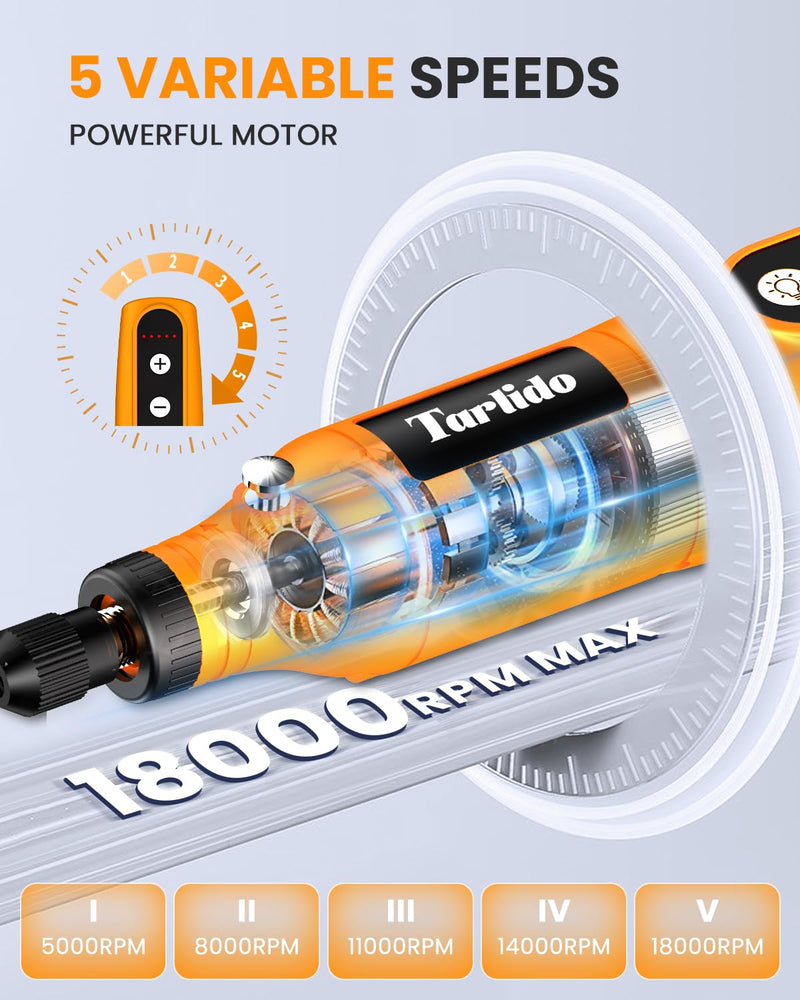 Rotary Tool - 3.7V Cordless Rotary Tool Kit 2.0Ah 18000RPM 5-Speed EngraverTool with 31 Accessories, Mini Rotary Tool for Engraving,Sanding, Grinding, Polishing, Carving, Etching, DIY-Orange Orange