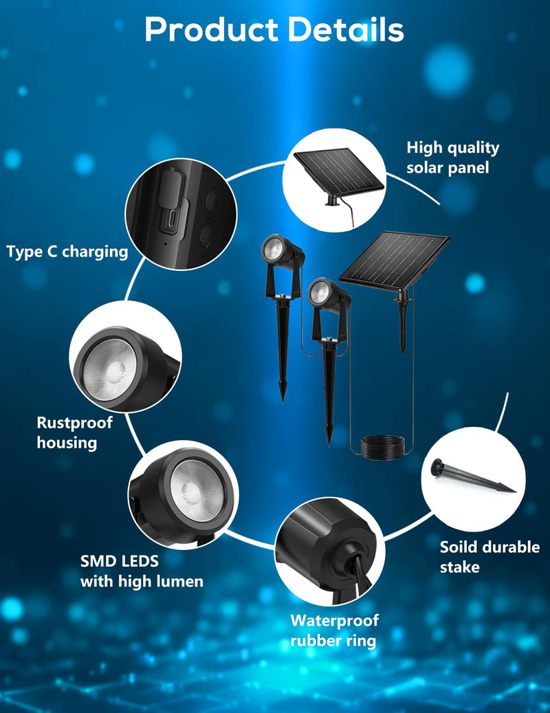 ZYAN Solar Landscape Spot Lights Outdoor 24ft Cable 6W Monocrystalline Panel & USB-C Powered 5400mAh All-Night Lighting Auto Dusk to Dawn IP65 Waterproof Warm White LED Uplights for Yard Pathway Trees 4 Pack