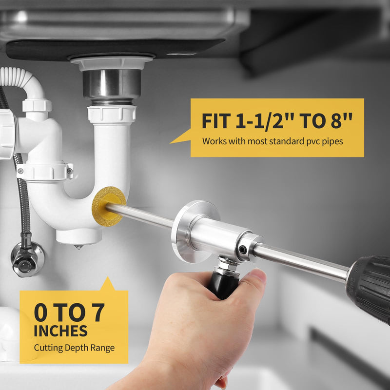 Inside/Internal Pipe Cutter for PVC Pipe, Professional PVC-ABS Pipe Cutter Tool with 7" Adjustable Depth Gauge, Stainless Handle, 5 Diamond Grit Cutting Blades, Gloves, 1/4" Hex Shank and Wire Saw