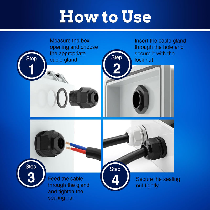 New Age America® 25pcs NPT Cable Glands Kit KableLock™ | 1/4" to 1-1/4" | Black | Nylon Cord Grip Strain Relief | Adjustable Locknut Cord Grip | IP68 Waterproof | NPT 1/4", 3/8" 1/2", 3/4", 1", 1-1/4" 25 PCS | 1/4" - 1-1/4"