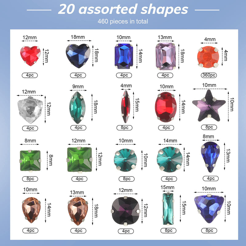 460 Pieces Sew on Rhinestones Glass Sewing Claw Gemstones and Crystals Metal Back Prong Setting Sewing Rhinestones for Clothes DIY Crafts Clothes Shoes Bag (Mixed Color) Mixed Color