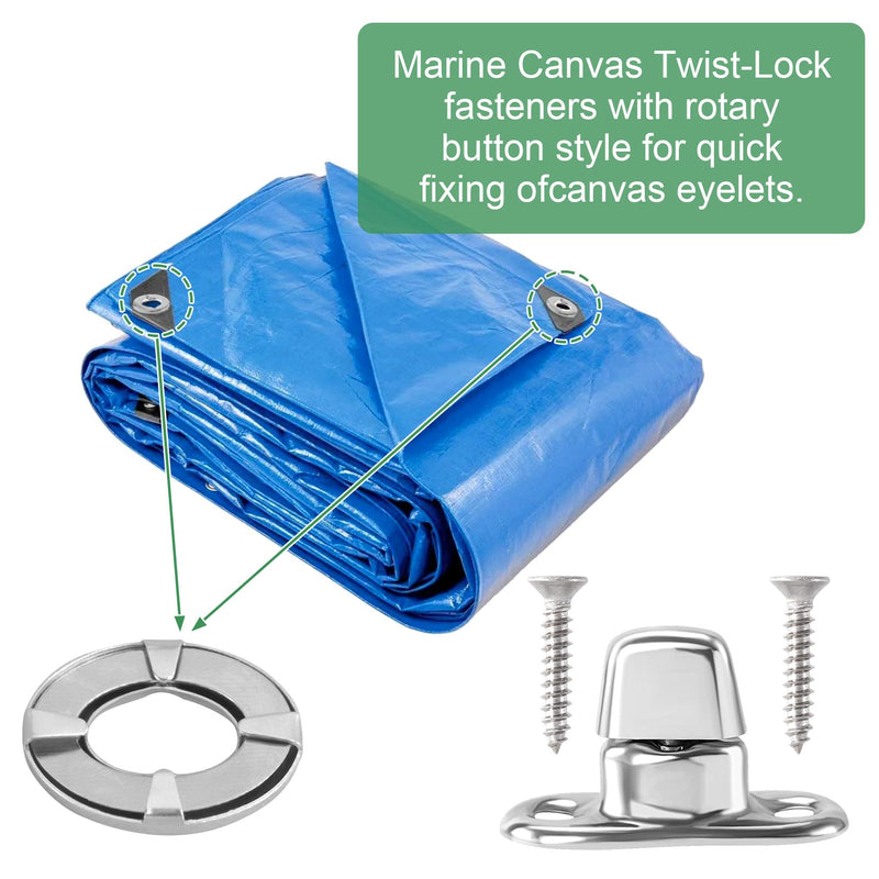 25 Set Canvas Twist Lock Fasteners, Marine Grade Hurricane Grommet Fasteners, Rustproof Zinc Alloy Turn Button Eyelet and Stud Mounting Screws for Ships Yachts Fishing Boats- Silver