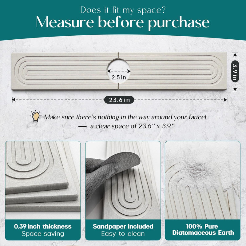 Faucet Mat for Kitchen Sink - 24'' Long Diatomite Fast Drying Stone Sink Tray, Super Absorbent, Prevents Moisture Buildup - Faucet Splash Guard for Bathroom Counter [Light Grey, 23.6" x 3.9"] Light Grey 23.6" x 3.9"