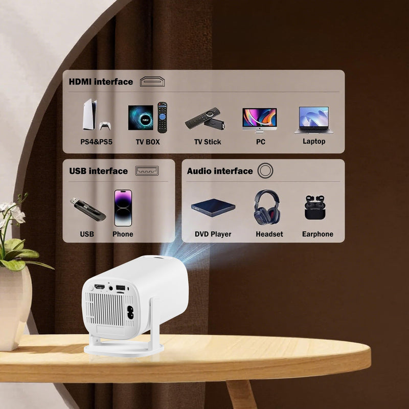 Mini Projector with Wifi and Bluetooth, 4K Protable Smart Projector Build-in Android 14, 130" Screen Auto Keystone Movie Projector Compatible with HDMI Phone TV Stick for Bedroom Outdoor