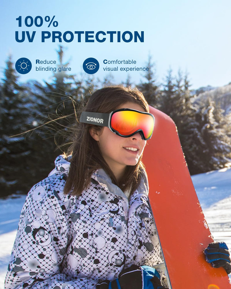 ZIONOR Lagopus B1 Ski Goggles OTG Anti fog Snow Goggles UV Protection Snowboard Goggles for Men Women Adult Youth One Size A8-vlt 15.6% Black Frame Mirrored Red Lens