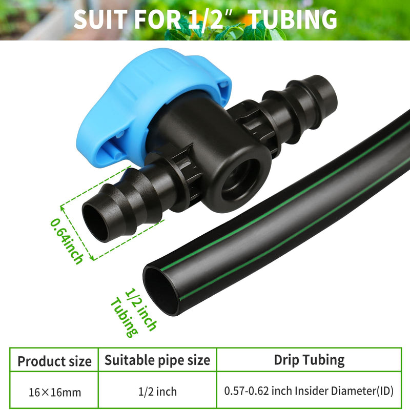 6 Pack Drip Irrigation 1/2 inch Barbed Valve, Drip Line Parts 1/2" Shut Off Valve Fits for 1/2 Inch Drip Irrigation Tubing (.570-.620" ID) for Drip or Sprinkler Systems 6P Valve
