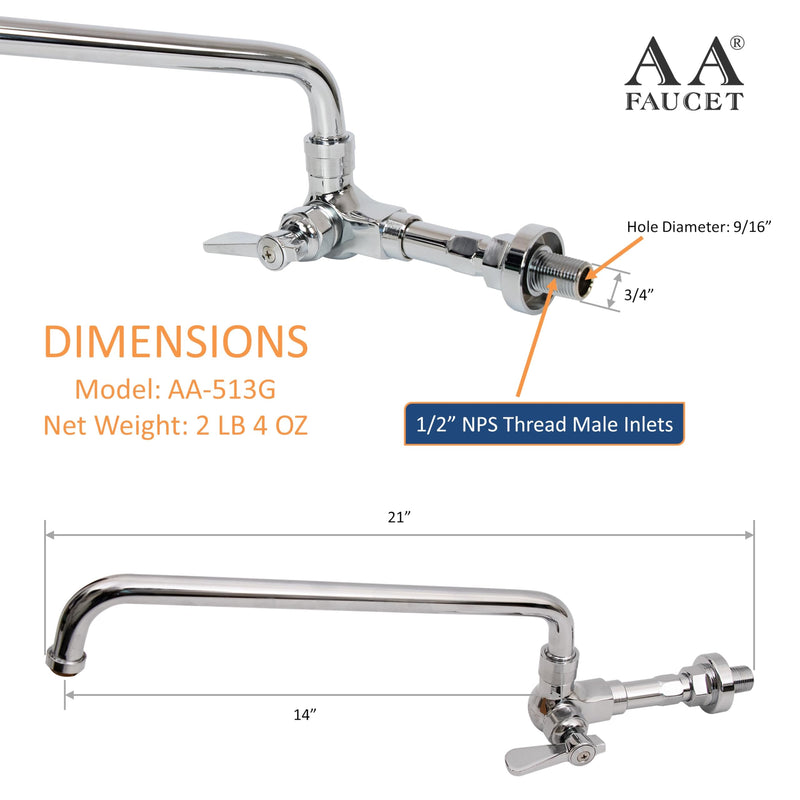 Single Wall Mount Commercial Manual Wok Range Faucet with 14" Swing Spout, Brass Construction Chrome Polished for Restaurant Kitchen NSF Approved Brass Chrome