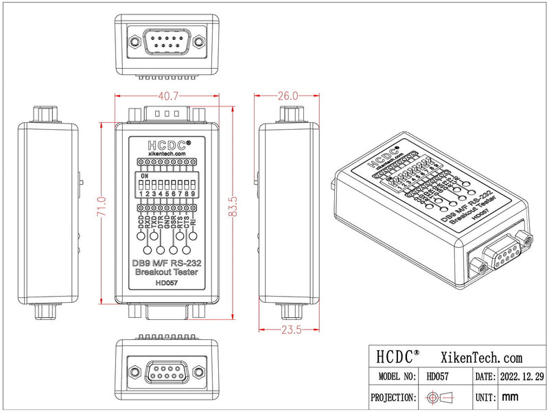 HCDC RS232 Breakout Tester LED Monitor, DB9 Male to Female Breakout Module, HD057