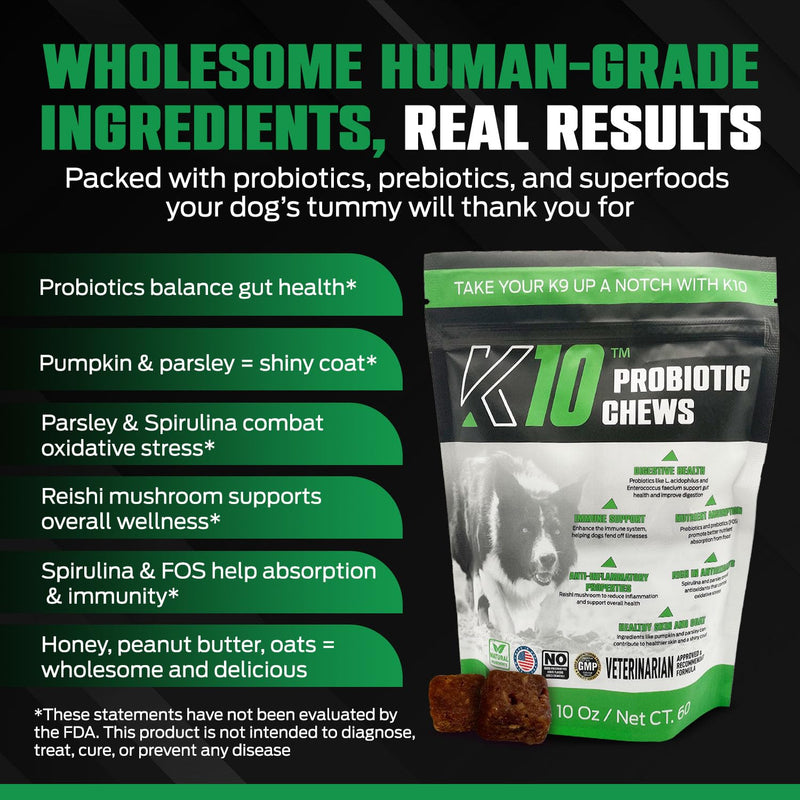 K10 Probiotic Chews for Dogs (60ct) – Advanced Digestive Support with Probiotics, Prebiotics & Superfoods – Vet-Preferred Dog Supplement for Digestion, Immunity, Skin, Coat & Everyday Vitality Probiotic 60 Count