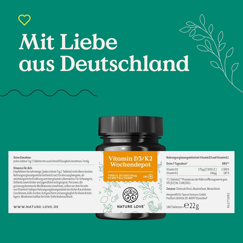 Vitamin D3 7000 Iu - 180 Tablets - The Sunshine Vitamin As A Weekly Depot - High Dosage, Without Unnecessary Additives - Produced In Germany & Laboratory Tested - NewNest Australia