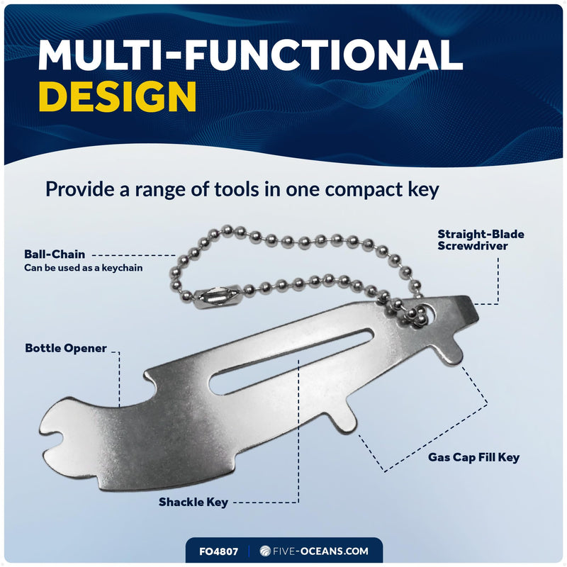 Five Oceans Universal Boat Multi-Tool - Stainless Steel Boat Gas Cap Key Tool with Shackle Opener, Bottle Opener, Screwdriver - 2-Pack