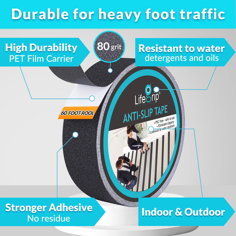 Anti Slip Traction Tape, 2 Inch x 60 Foot - Best Grip, Friction, Abrasive Adhesive for Stairs, Tread Step, Indoor, Outdoor (2" X 60') 2" X 60' Black