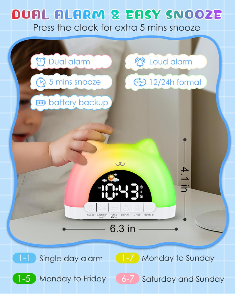 Kids Alarm Clock, OK to Wake Alarm Clock for Kids, Cat Clock with 11 Colors Night Light, 10 Soothing Sounds, Child Lock, Dual Alarms, Sleep Training, Birthday Gift for Boy Girls Children White