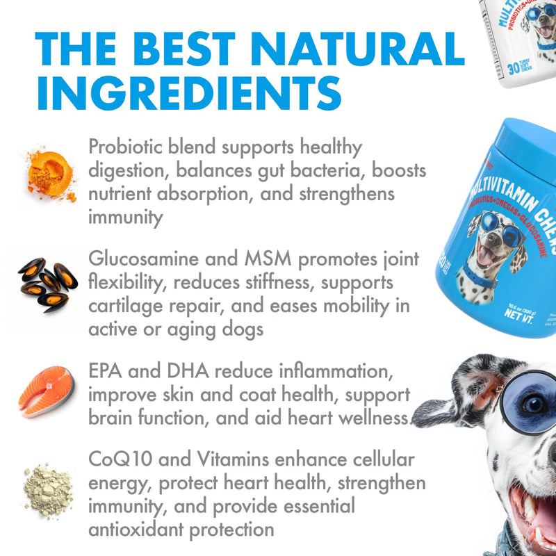 LEGITPET Dog Vitamins - 30 Multivitamins Chews w/Glucosamine Chondroitin, Probiotics Digestive Enzymes and Omegas - Supplement for Overall Health - Joint Support, Immune Health, Skin and Heart Health Multivitamin