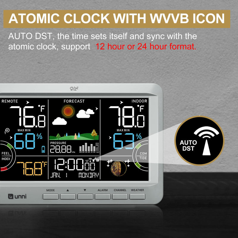 Weather Station Indoor Outdoor Thermometer Wireless, Home Atomic Clock with Large Constant Display, Inside Outside Temperature Humidity Monitor, Dew Heat Point, Barometer Grey