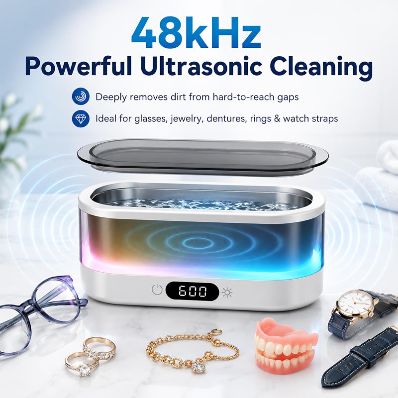 Ultrasonic Jewelry Cleaner, 48kHz Ultrasonic Cleaner Machine for Jewelry, Eyeglasses, Rings, Dentures, Watch Bands, 7-Color Flowing LED Light, 304 Stainless Steel, Digital Timer, Dual Cleaning Modes