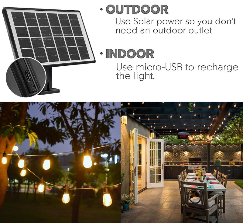 SUNTHIN Outdoor Solar String Lights, 48ft Solar Patio Lights with USB Rechargeable, Waterproof & Shatterproof Solar Powered Bulbs for Yard, Porch, Garden, Pool, Party, Camping Black 48 Feet