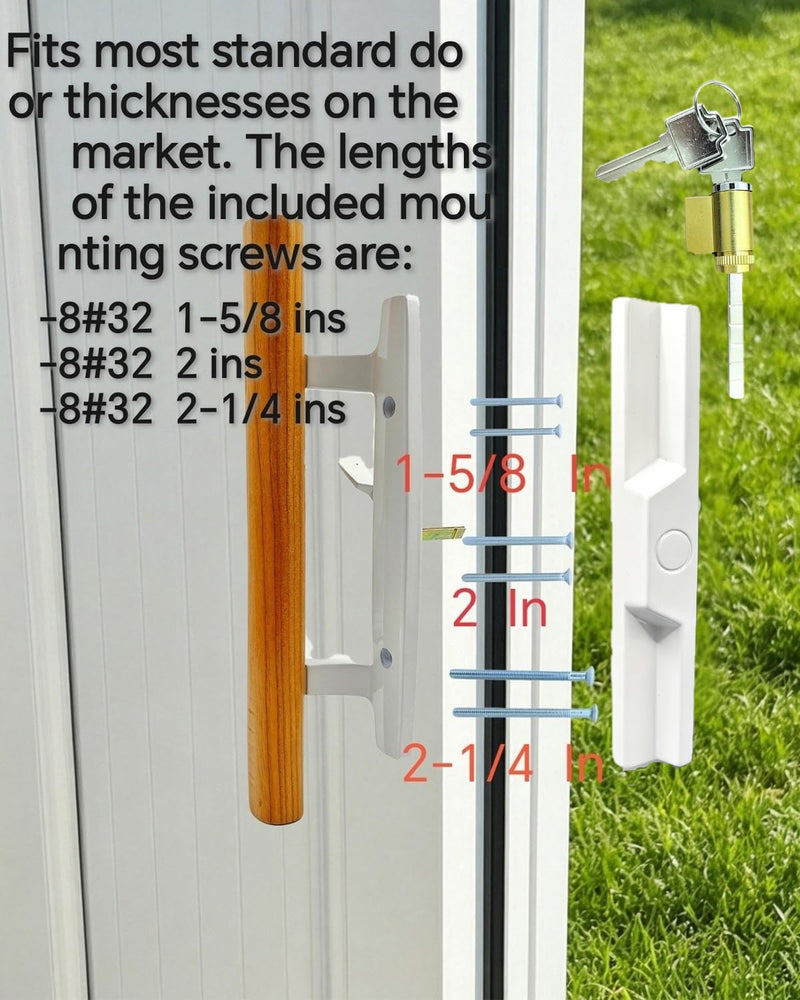 Sliding Patio Door Handle Set, Natural Wood Interior & White Zinc Exterior(White), With Keyed , Fits 3-15/16" Hole Spacing, Universal Easy Install Replacement for Sliding Glass Doors.Pull Handle Set
