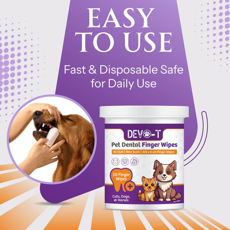 DEVO-T 100% Natural Dog Teeth Cleaning Wipes Mint Scented | 50 Count | Pet Teeth Cleaning Finger Wipes for Dogs, Cats & Horses | Remove Bad Breath, Plaque & Tartar Buildup | Dog Dental Wipes Finger